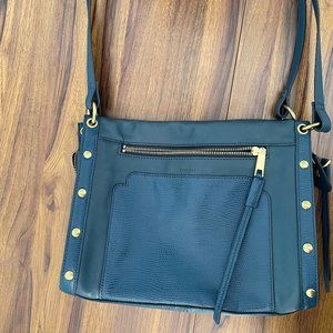 Fossil blue leather shoulder bag w gold studs